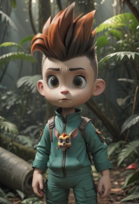 solo,looking at viewer,short hair,brown hair,long sleeves,1boy,brown eyes,closed mouth,standing,jacket,male focus,multicolored hair,cowboy shot,outdoors,artist name,bag,blurry,two-tone hair,tree,blurry background,leaf,sunlight,backpack,plant,spiked hair,child,nature,forest,zipper,freckles,male child,signature,mushroom,jumpsuit,squirrel,acorn