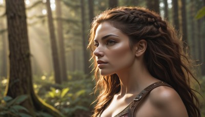 1girl,solo,long hair,brown hair,bare shoulders,brown eyes,closed mouth,collarbone,upper body,braid,outdoors,blurry,from side,tree,lips,eyelashes,depth of field,blurry background,wavy hair,looking away,plant,portrait,nature,french braid,forest,realistic,nose,looking afar,breasts,cleavage,day,artist name,leaf,sunlight,freckles,curly hair,light rays,dappled sunlight