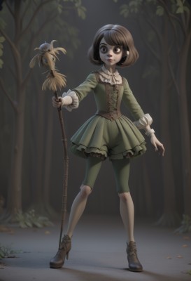 1girl,solo,looking at viewer,short hair,bangs,skirt,brown hair,black hair,long sleeves,dress,holding,brown eyes,jewelry,closed mouth,standing,full body,pantyhose,hairband,boots,outdoors,frills,shoes,shorts,black eyes,high heels,tree,makeup,brown footwear,staff,green skirt,nature,corset,forest,green dress,wide-eyed,holding staff,green shorts,blue eyes,shirt,earrings,artist name,lips,bob cut,bug,lipstick,high heel boots,legs apart,green shirt,red lips,ankle boots