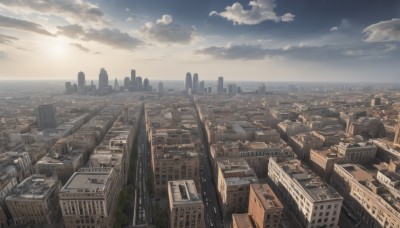 outdoors,sky,day,cloud,water,tree,no humans,bird,ocean,sunlight,cloudy sky,building,scenery,sunset,city,sun,horizon,cityscape,skyscraper,rooftop,blue sky,landscape,sunrise