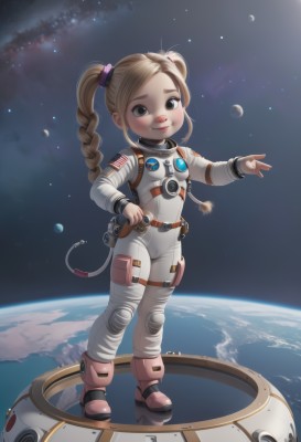 1girl,solo,long hair,looking at viewer,smile,blonde hair,brown hair,twintails,brown eyes,standing,full body,braid,small breasts,boots,twin braids,hand on hip,bodysuit,moon,child,star (sky),female child,space,white bodysuit,planet,earth (planet),spacesuit,astronaut,breasts,blush,realistic,space helmet