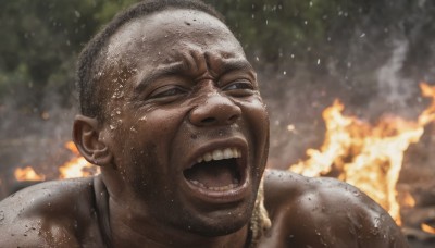 solo,open mouth,1boy,male focus,teeth,dark skin,blurry,black eyes,blurry background,dark-skinned male,fire,portrait,realistic,bald,explosion,burning,short hair,outdoors,facial hair,close-up,very short hair,manly