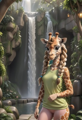 1girl,solo,long hair,breasts,looking at viewer,brown hair,shirt,animal ears,brown eyes,medium breasts,standing,tail,braid,cowboy shot,small breasts,outdoors,sleeveless,day,pants,artist name,water,twin braids,tree,bare arms,sleeveless shirt,mask,tank top,plant,monster girl,nature,hair over shoulder,furry,wading,green shirt,furry female,antlers,waterfall,deer ears,horns,leaf,deer