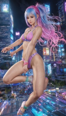 1girl,solo,long hair,breasts,looking at viewer,smile,navel,cleavage,jewelry,medium breasts,blue hair,swimsuit,full body,ponytail,pink hair,bikini,multicolored hair,hairband,necklace,bracelet,feet,two-tone hair,lips,legs,toes,night,sandals,building,wristband,watch,city,realistic,anklet,pink bikini,wristwatch,cityscape,skyscraper,midair,city lights,watermark