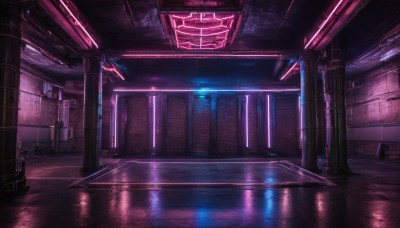 indoors,water,no humans,window,night,building,scenery,reflection,science fiction,light,pillar,neon lights,glowing,sign,door,dark