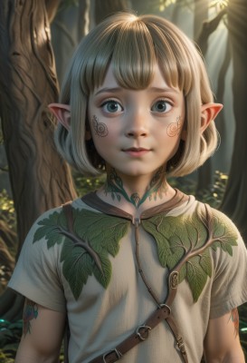 1girl,solo,looking at viewer,short hair,bangs,blue eyes,blonde hair,shirt,1boy,closed mouth,green eyes,white shirt,upper body,short sleeves,male focus,outdoors,parted lips,day,pointy ears,blurry,tree,lips,grey eyes,tattoo,blurry background,leaf,facial mark,sunlight,bob cut,elf,nature,forest,realistic,nose,facepaint,facial tattoo,brown hair,belt,artist name,plant,fantasy