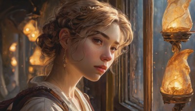 1girl,solo,looking at viewer,short hair,blonde hair,brown hair,shirt,hair ornament,brown eyes,jewelry,closed mouth,white shirt,braid,earrings,indoors,necklace,hair bun,blurry,lips,window,blurry background,portrait,light particles,freckles,lantern,realistic,nose,light,bangs,parted lips,from side,eyelashes,thick eyebrows,fish