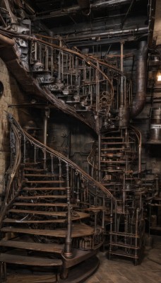 no humans,scenery,stairs,railing,cable,bridge,gears,industrial pipe,steampunk,indoors,wooden floor,door,ladder,railroad tracks