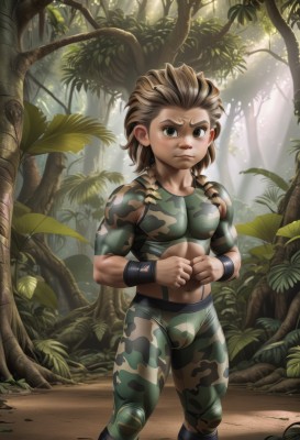 1girl,solo,long hair,breasts,looking at viewer,brown hair,navel,brown eyes,medium breasts,closed mouth,standing,braid,outdoors,midriff,pants,artist name,twin braids,tree,muscular,watermark,abs,sunlight,thick eyebrows,wristband,nature,forest,muscular female,knee pads,camouflage,camouflage pants,blush,1boy,male focus,signature,leaf,web address,clenched hands,male child