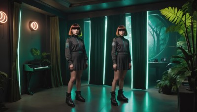 1girl,looking at viewer,short hair,bangs,multiple girls,skirt,brown hair,shirt,long sleeves,2girls,brown eyes,closed mouth,standing,full body,pantyhose,multicolored hair,pleated skirt,boots,shoes,belt,indoors,blunt bangs,black skirt,black footwear,black shirt,window,bob cut,plant,curtains,reflection,mirror,potted plant,black hair,jacket,miniskirt,black eyes,tree,black jacket,ankle boots,dirty