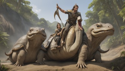 1girl,smile,open mouth,brown hair,black hair,holding,sitting,weapon,male focus,boots,outdoors,multiple boys,sky,teeth,day,2boys,tree,facial hair,animal,fangs,3boys,sharp teeth,nature,claws,beard,forest,monster,fantasy,flag,riding,oversized animal,dinosaur,saddle,breasts,1boy,tongue,pants,sword,signature,cape,holding weapon,armor,holding sword,shoulder armor,pauldrons,breastplate,realistic,dragon