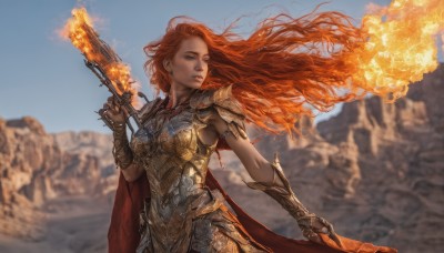 1girl,solo,long hair,breasts,blue eyes,gloves,holding,closed mouth,standing,upper body,weapon,red hair,cowboy shot,outdoors,sky,day,sword,fingerless gloves,cape,holding weapon,orange hair,armor,blurry,blue sky,lips,floating hair,depth of field,blurry background,holding sword,fire,wind,shoulder armor,gauntlets,armlet,pauldrons,breastplate,realistic,fantasy,red cape,vambraces,bracer,chainmail,flaming weapon,parted lips,gun,looking to the side,holding gun,rifle,freckles,mountain