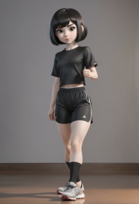 1girl,solo,breasts,looking at viewer,smile,short hair,bangs,shirt,black hair,navel,closed mouth,standing,full body,short sleeves,small breasts,shoes,shorts,socks,midriff,indoors,blunt bangs,black eyes,lips,black shirt,short shorts,shadow,black shorts,white footwear,bob cut,black socks,t-shirt,sneakers,clenched hand,female child,midriff peek,kneehighs,gym shorts