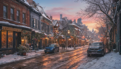 outdoors, sky, cloud, tree, no humans, window, plant, ground vehicle, building, scenery, motor vehicle, snow, sunset, city, sign, car, road, winter, lamppost, bare tree, street