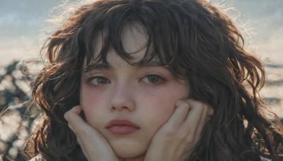 1girl,solo,long hair,looking at viewer,bangs,brown hair,black hair,closed mouth,outdoors,sky,day,blurry,black eyes,lips,depth of field,blurry background,wavy hair,messy hair,portrait,close-up,curly hair,realistic,nose,hands on own face,hands on own cheeks,blush,brown eyes,eyelashes,floating hair,expressionless,sunlight,wind,backlighting