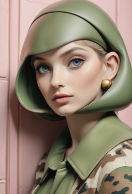 1girl,solo,looking at viewer,short hair,blue eyes,blonde hair,hat,jewelry,closed mouth,upper body,earrings,uniform,lips,grey eyes,eyelashes,portrait,freckles,realistic,nose,green headwear,camouflage,parted lips,military,military uniform,soldier