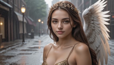 1girl,solo,long hair,breasts,looking at viewer,smile,brown hair,hair ornament,dress,cleavage,bare shoulders,brown eyes,medium breasts,closed mouth,collarbone,upper body,flower,outdoors,wings,solo focus,blurry,lips,depth of field,blurry background,umbrella,building,feathered wings,forehead,rain,angel wings,realistic,nose,white wings,angel,road,head wreath,lamppost,street