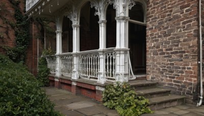 outdoors,day,tree,no humans,window,plant,building,scenery,stairs,door,railing,bush,wall,brick wall,pillar,arch,column,architecture,gate,stone stairs