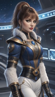 1girl,solo,long hair,breasts,looking at viewer,bangs,brown hair,gloves,long sleeves,brown eyes,jewelry,medium breasts,closed mouth,standing,ponytail,cowboy shot,earrings,sky,black gloves,pants,armor,lips,fur trim,makeup,night,high ponytail,blue shirt,lipstick,gauntlets,gem,eyeshadow,hoop earrings,white pants,nose,vambraces,red lips,artist name,star (sky),starry sky,fur