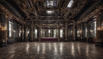 day,indoors,no humans,window,chair,table,sunlight,scenery,reflection,light rays,wooden floor,stairs,architecture,sunbeam,pillar,ceiling,carpet,arch,candlestand,reflective floor,chandelier,plant,fantasy,door,clock,tiles,lamp,candle,tile floor,wooden chair