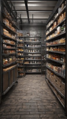 indoors,cup,no humans,bottle,plant,scenery,alcohol,drinking glass,wooden floor,stool,shelf,wine bottle,shop,bar (place),counter,ceiling light,whiskey,food,box,can,tiles,tile floor,jar