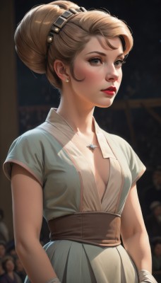 1girl,solo,breasts,looking at viewer,short hair,blonde hair,brown hair,dress,cleavage,brown eyes,jewelry,medium breasts,upper body,short sleeves,hairband,earrings,small breasts,parted lips,multiple boys,solo focus,necklace,hair bun,white dress,blurry,lips,grey eyes,makeup,depth of field,blurry background,bandages,single hair bun,lipstick,freckles,bandaged arm,realistic,nose,red lips,crowd,blush,blue eyes,artist name,mole,sash,no bra,green dress