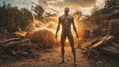 solo,1boy,standing,male focus,outdoors,sky,cloud,tree,military,muscular,glowing,cloudy sky,robot,ground vehicle,scenery,glowing eyes,motor vehicle,science fiction,realistic,aircraft,military vehicle,electricity,ruins,tank,lightning,alien,destruction,full body,nude,building,rock