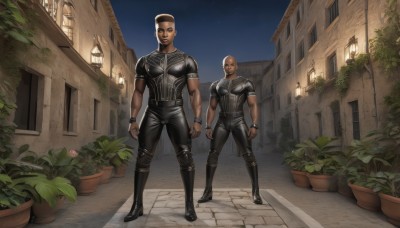 short hair,brown hair,closed mouth,standing,full body,male focus,boots,outdoors,multiple boys,sky,pants,dark skin,2boys,black footwear,armor,bodysuit,muscular,night,facial hair,black pants,dark-skinned male,knee boots,plant,muscular male,building,star (sky),night sky,walking,realistic,potted plant,bald,very short hair,manly,buzz cut,black hair,tattoo,holding hands,animification,mohawk