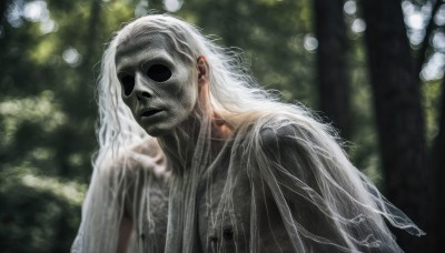 solo,long hair,1boy,upper body,white hair,male focus,outdoors,blurry,see-through,mask,depth of field,blurry background,nature,veil,forest,realistic,wings,no humans,colored skin,skull,horror (theme)