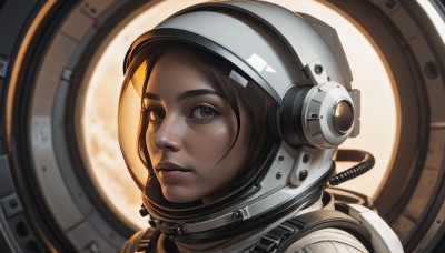 1girl,solo,looking at viewer,brown hair,brown eyes,parted lips,dark skin,dark-skinned female,lips,helmet,portrait,freckles,reflection,science fiction,realistic,nose,spacesuit,space helmet,astronaut,shiny,blurry,eyelashes,close-up,backlighting