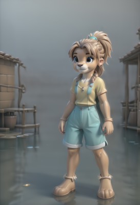 1girl,solo,smile,short hair,blue eyes,brown hair,shirt,hair ornament,animal ears,brown eyes,jewelry,closed mouth,standing,full body,ponytail,short sleeves,outdoors,shorts,shiny,artist name,signature,water,necklace,blurry,flat chest,bracelet,watermark,brown footwear,sandals,thick eyebrows,suspenders,child,furry,freckles,reflection,blue shorts,yellow shirt,hair tie,furry female,female child,overalls,body fur,animal nose,topknot,snout,blonde hair,collarbone,shoes,blurry background,t-shirt,coin,green shorts,brown fur,high-waist shorts