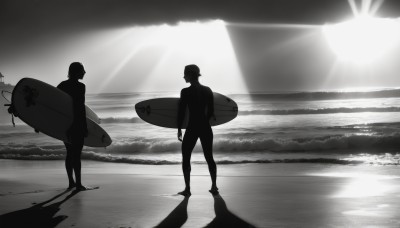 1girl,short hair,1boy,holding,standing,monochrome,greyscale,outdoors,multiple boys,sky,cloud,2boys,water,shadow,ocean,beach,sunlight,sunset,sand,sun,horizon,silhouette,waves,surfboard,male focus