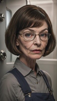 1girl,solo,looking at viewer,short hair,bangs,blue eyes,brown hair,shirt,closed mouth,white shirt,upper body,parted lips,glasses,collared shirt,indoors,blurry,lips,dress shirt,buttons,blurry background,wing collar,portrait,grey shirt,freckles,black-framed eyewear,realistic,nose,round eyewear,door,overalls,old,blue overalls,wrinkled skin,bob cut