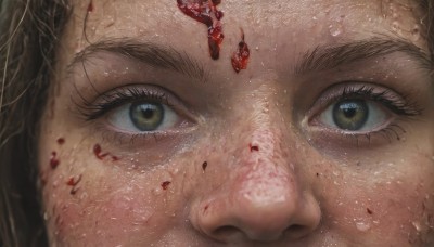 1girl,solo,looking at viewer,brown hair,brown eyes,yellow eyes,lips,eyelashes,blood,gem,portrait,close-up,freckles,reflection,injury,realistic,eye focus,black hair,green eyes,blurry,water drop,blood on face,dirty,dirty face