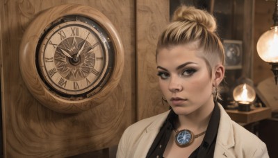 1girl,solo,looking at viewer,short hair,blonde hair,brown hair,shirt,brown eyes,jewelry,upper body,multicolored hair,earrings,parted lips,collared shirt,indoors,necklace,hair bun,blurry,two-tone hair,lips,black shirt,eyelashes,single hair bun,portrait,freckles,realistic,nose,labcoat,clock,roman numeral,light bulb,jacket,coat,makeup,watch,lamp,analog clock