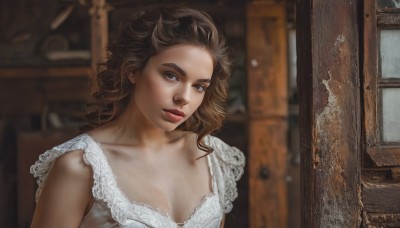 1girl,solo,long hair,breasts,looking at viewer,brown hair,dress,cleavage,brown eyes,medium breasts,collarbone,upper body,small breasts,parted lips,sleeveless,indoors,white dress,blurry,lips,looking to the side,window,makeup,wavy hair,curly hair,realistic,red lips,head tilt,lace trim,lace