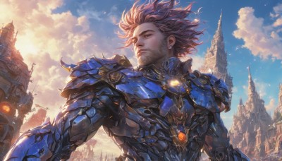 solo,short hair,blue eyes,brown hair,1boy,jewelry,upper body,male focus,earrings,outdoors,sky,day,cloud,signature,armor,blue sky,looking to the side,glowing,facial hair,cloudy sky,wind,shoulder armor,building,beard,science fiction,pauldrons,city,realistic,fantasy,stubble,looking afar,brown eyes,closed mouth,artist name,dated,robot,nose,castle,tower,power armor,steampunk