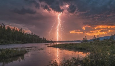 outdoors,sky,cloud,water,tree,no humans,cloudy sky,grass,nature,scenery,forest,reflection,sunset,electricity,road,river,lightning,landscape,night,lake