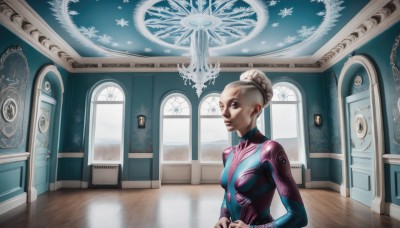 1girl,solo,breasts,blonde hair,brown eyes,braid,white hair,small breasts,indoors,hair bun,lips,window,bodysuit,makeup,single hair bun,own hands together,reflection,door,clock,snowflakes,jewelry,upper body,dark skin,dark-skinned female,realistic,bald,alien