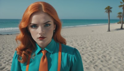 1girl,solo,long hair,looking at viewer,blue eyes,shirt,jewelry,closed mouth,upper body,earrings,outdoors,necktie,sky,day,collared shirt,water,orange hair,tree,blue sky,lips,makeup,ocean,beach,suspenders,blue shirt,lipstick,freckles,curly hair,realistic,nose,sand,palm tree,red lips,orange necktie,aqua shirt,red hair