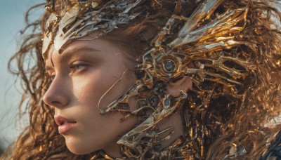 1girl,solo,long hair,blue eyes,brown hair,parted lips,blurry,from side,lips,eyelashes,profile,headgear,wavy hair,portrait,close-up,freckles,science fiction,curly hair,realistic,nose,looking afar,jewelry,earrings,looking away