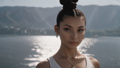 1girl,solo,looking at viewer,smile,short hair,black hair,bare shoulders,brown eyes,jewelry,closed mouth,collarbone,upper body,earrings,outdoors,day,dark skin,water,necklace,hair bun,mole,blurry,dark-skinned female,lips,mole under eye,blurry background,sunlight,single hair bun,tank top,portrait,freckles,hoop earrings,realistic,white tank top,lake,piercing,ear piercing,very dark skin