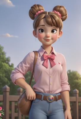 1girl,solo,breasts,looking at viewer,blush,smile,short hair,bangs,brown hair,shirt,hair ornament,long sleeves,bow,brown eyes,closed mouth,standing,white shirt,flower,cowboy shot,small breasts,outdoors,sky,day,collared shirt,belt,pants,cloud,bowtie,bag,hair bun,blurry,dark-skinned female,tree,blue sky,lips,double bun,buttons,depth of field,blurry background,rose,scrunchie,thick eyebrows,denim,pink bow,buckle,sleeves rolled up,hair scrunchie,freckles,pink shirt,jeans,belt buckle,handbag,nose,fence,blue pants,shirt tucked in,brown belt,brown bag,pink scrunchie,wooden fence