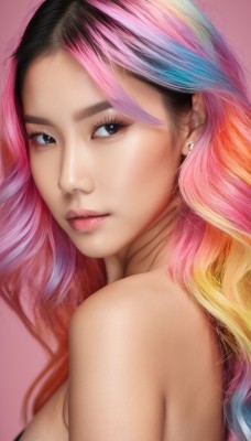 1girl,solo,long hair,breasts,looking at viewer,blonde hair,simple background,black hair,bare shoulders,jewelry,medium breasts,closed mouth,blue hair,upper body,pink hair,multicolored hair,earrings,black eyes,from side,two-tone hair,lips,looking to the side,eyelashes,gradient hair,makeup,pink background,realistic,nose,rainbow hair,parted lips,wavy hair,portrait