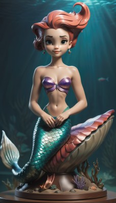 1girl,solo,long hair,breasts,looking at viewer,smile,short hair,blue eyes,navel,cleavage,bare shoulders,jewelry,green eyes,collarbone,swimsuit,full body,bikini,red hair,earrings,small breasts,artist name,water,lips,strapless,sunlight,monster girl,bikini top only,fish,light rays,underwater,scales,air bubble,mermaid,shell,starfish,coral,medium breasts,sitting,star (symbol),makeup,floating hair,watermark,web address,bubble,rock,star earrings,shell bikini