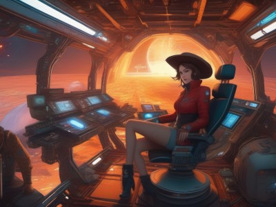 1girl,breasts,short hair,blue eyes,large breasts,brown hair,black hair,1boy,hat,sitting,jacket,boots,shorts,high heels,chair,red jacket,high heel boots,science fiction,space,computer,planet,earth (planet),spacecraft,spacesuit,cockpit,looking at viewer,smile,gloves,jewelry,green eyes,earrings,solo focus,short shorts,denim,scenery,backlighting,sunset,realistic,cowboy hat