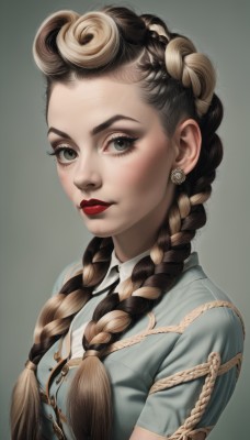 1girl,solo,long hair,breasts,looking at viewer,blonde hair,simple background,brown hair,shirt,jewelry,closed mouth,green eyes,upper body,braid,short sleeves,multicolored hair,earrings,collared shirt,grey background,uniform,black eyes,twin braids,from side,two-tone hair,lips,grey eyes,eyelashes,makeup,blue shirt,lipstick,hair over shoulder,red lips,multiple braids,black hair,white shirt,artist name,gradient background,eyeshadow,realistic,nose,eyeliner,mascara