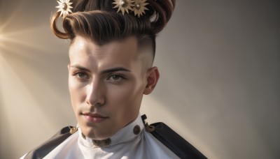 solo,looking at viewer,short hair,brown hair,hair ornament,1boy,brown eyes,closed mouth,flower,male focus,hair flower,hair bun,uniform,lips,sunlight,portrait,realistic,shirt,black hair,white shirt,brown background,hair behind ear