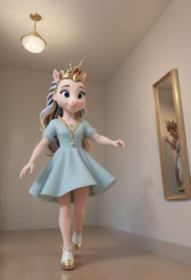 1girl,long hair,smile,open mouth,blue eyes,blonde hair,brown hair,1boy,dress,animal ears,jewelry,blue hair,standing,full body,short sleeves,multicolored hair,small breasts,shoes,solo focus,artist name,indoors,necklace,black eyes,flat chest,bracelet,two-tone hair,streaked hair,blue dress,short dress,leg up,happy,white footwear,standing on one leg,tiara,crown,child,furry,reflection,walking,mirror,door,furry female,female child,body fur,animal nose,solo,ribbon,hair ribbon,dark skin,parody,aged down,deer ears