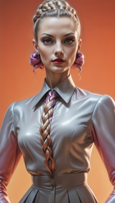 1girl,solo,long hair,breasts,looking at viewer,skirt,blonde hair,simple background,shirt,long sleeves,brown eyes,jewelry,closed mouth,white shirt,upper body,braid,multicolored hair,pleated skirt,earrings,parted lips,necktie,collared shirt,hair bun,two-tone hair,lips,gradient,grey eyes,gradient background,makeup,lipstick,forehead,grey skirt,hands on hips,nose,orange background,red lips,pink hair,teeth,dark skin,dark-skinned female,single hair bun,eyeshadow,realistic